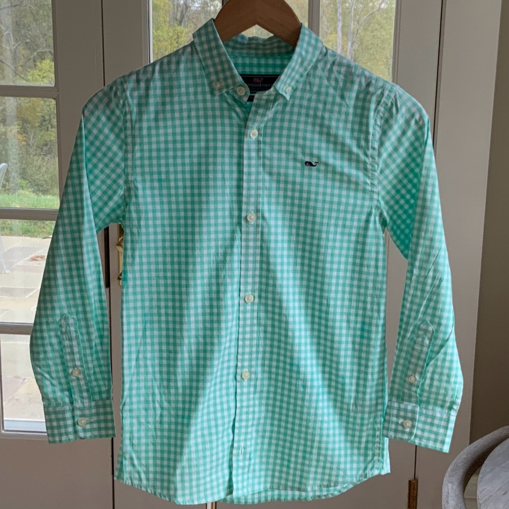 Boys Vineyard Vines Aqua (Blue/Green) Checkered Gingham Button Down Shirt